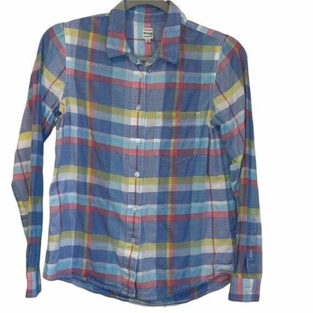 Madewell Collared Plaid Button Up Long Sleeve Shirt Blue Yellow Women's Size XS